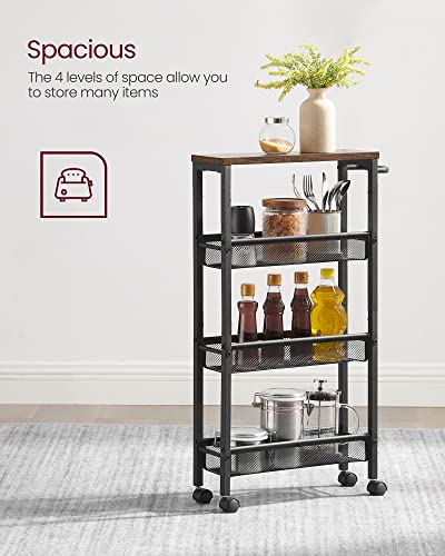 VASAGLE Slim Rolling Cart, 4-Tier Storage Cart, Narrow Cart with Handle, 5.1 Inches Deep, Metal Frame, for Kitchen, Dining Room, Living Room, Home Office, Rustic Brown and Classic Black ULRC032B01V1
