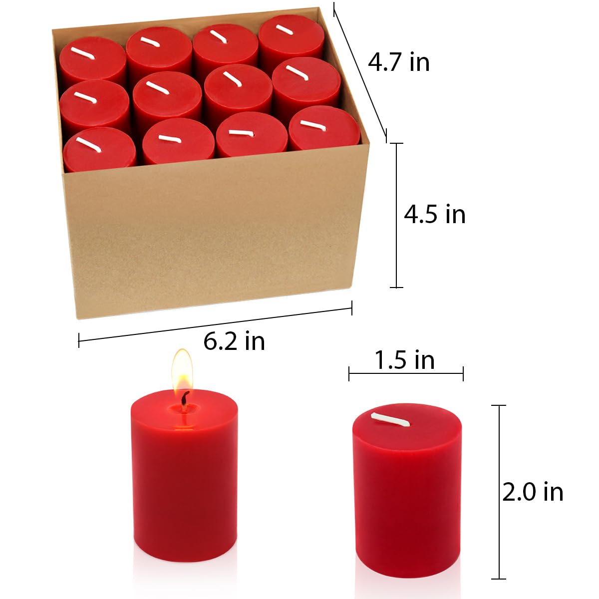 12 Hours Red Votive Candles, Small 2.0 Inch Unscented Wax Candles for Christmas Wedding, Party, Holiday & Home, 24 Packs