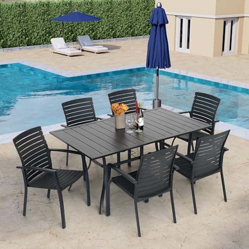 Nixtopia Outdoor Metal Frame Rectangle Patio Dining Table with Slat Top and Umbrella Hole 63"x38" for 6 Person - Black