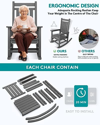 SERWALL Outdoor Rocking Chair Set of 2, HDPE Rocking Chairs for Adult, All Weather Porch Rockers for Lawn Garden, Grey