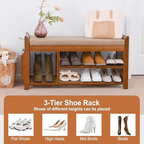 PETKABOO 2 Tier Shoe Bench, Shoe Rack with Hidden Drawer and Side Holder, Shoe Storage Bench Organizer for Entryway Hallway Living Room, Bamboo Material