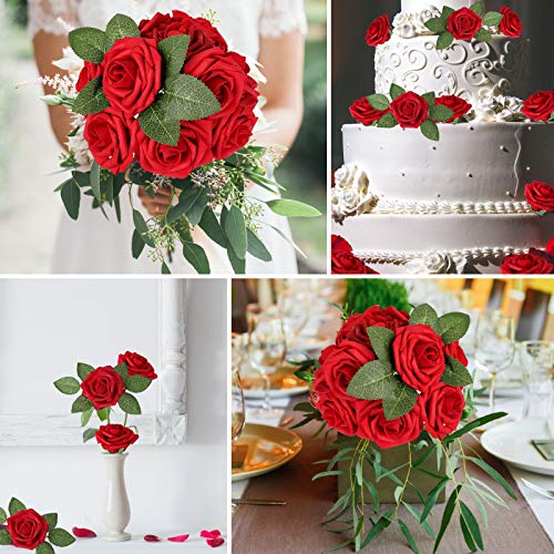 AmyHomie Artificial Flower Dark Red Rose 25pcs Real Looking Fake Roses w/Stem for DIY Wedding Bouquets Centerpieces Arrangements Party Baby Shower Home Decorations