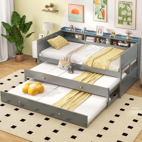 Giantex Twin XL Daybed with Trundle Bed Twin, LED Captain Bed with 2 USB Ports and Storage Bookcase, No Box Spring Needed, Space Saving Day Bed for Guest Room, Wood Bed Frame for Kids, Teens, Grey