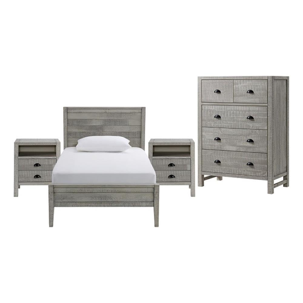 Alaterre Furniture Windsor 4-Piece Kids Bedroom Set - Twin Panel Bed, Dual Nightstands, 5-Drawer Chest in Gray - Rustic Farmhouse Style with Metal Drawer Glides and Black Pulls