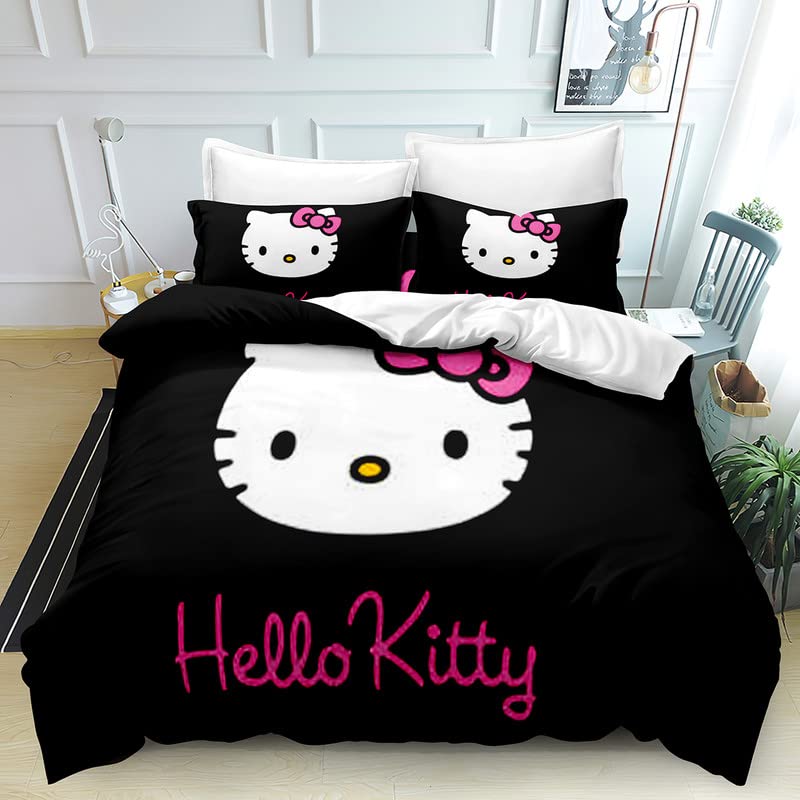 SSPENT The Anime Quilt Duvet Cover Hello Set Comforter Cover Kitty 3 Pieces Bedding Printed Quilt Cover Set with Pillow Cases Easy Care and Soft Hand Feel