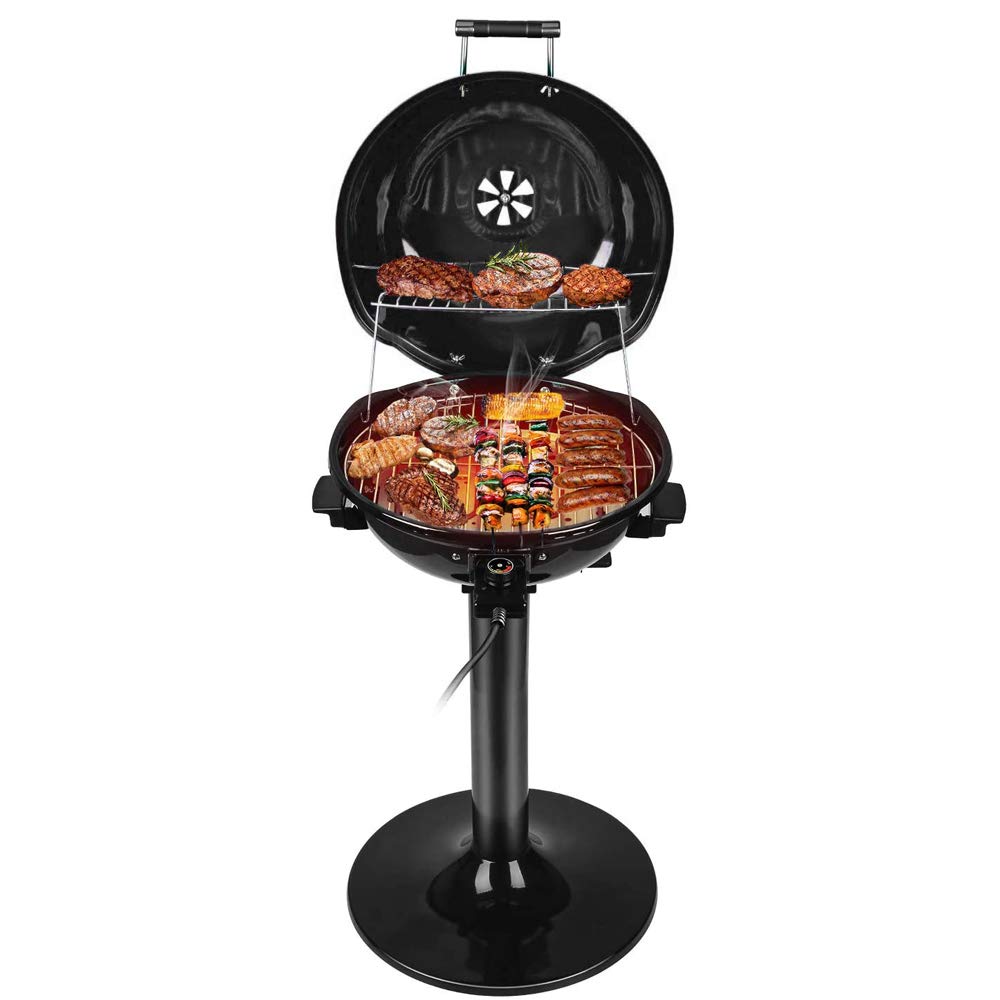 Electric BBQ Grill Techwood 15-Serving Indoor/Outdoor Electric Grill for Indoor & Outdoor Use, Double Layer Design, Portable Removable Stand Grill, 1600W (Stand Black BBQ Grills)