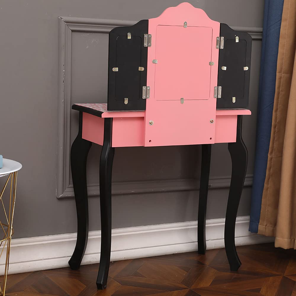 Kids Vanity Table and Chair Set, Girls Vanity Set with Mirror and Stool, Tri-Folding Mirror, Makeup Dressing Princess Table with Drawer, Kids Vanity Set with Mirror (Black & Pink)