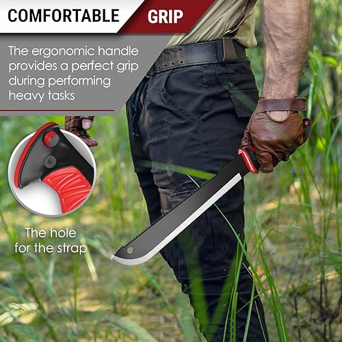 Machete with Saw - 17” Heavy Duty Tool & Sheath - Ergonomic No-Slip Handle - Survival Knife with Serrated Blade - Machetes for Bushcraft Outdoor Hunting Garden Cutting Trees and Yard Work 111084