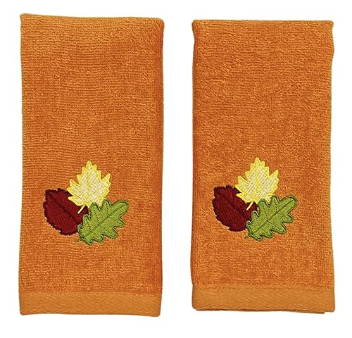 Serafina Home Decorative Fall Leaf Fingertip Towels: Embroidered Gold Burgundy Green Leaves Design on Plush Orange, 2 Piece Set, 12" x 18" Inch Each (Fall Leaf)