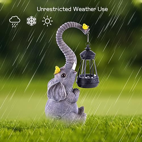 Solar Outdoor Garden Statues Lights, Elephant Figurines with Cute Birds Garden Sculpture Decor, Lucky Elephant Mother Gifts for Women, Men or Daughter, Unique Housewarming Gifts and Yard Decoration