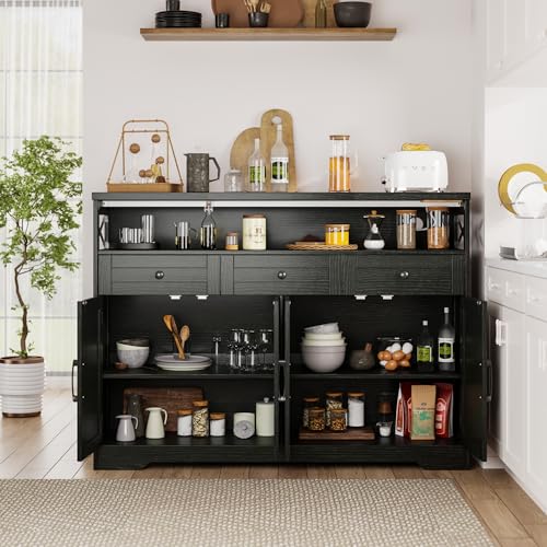 51" Black Buffet Sideboard Cabinet with Storage, Farmhouse Kitchen Storage Pantry Cabinet with Shelves, Wood Cupboard Hutch Cabinet, Coffee Bar Station Table for Kitchen, Living Room, Dining Room