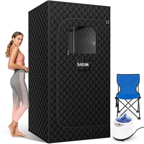 X-Vcak Portable Steam Sauna, Portable Sauna for Home, Sauna Tent Sauna Box with 2.6L Steamer, Remote Control, Folding Chair, 9 Levels, 2.6’ x 2.6’ x 5.9’