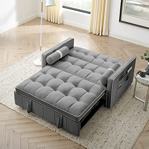 3 in 1 Sleeper Sofa Couch Bed, Small Tufted Velvet Convertible Loveseat Futon Sofa w/Pullout Bed, Adjustable Backrest, Cylinder Pillows, Multi-Pockets for Living Room Apartment, Grey, 55.5"