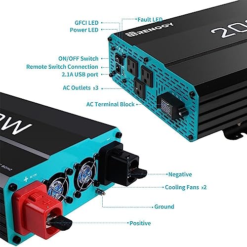 Renogy 2000W Pure Sine Wave Inverter 12V DC to 120V AC Converter for Home, RV, Truck, Off-Grid Solar Power Inverter 12V to 110V with Built-in 5V/2.1A USB / Hardwire Port, Remote Controller