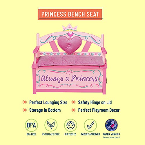 Wildkin Kids Princess Wooden Bench Seat With Storage, Toy Box Bench Seat Features Safety Hinge, Padded Backrest, Seat Cushion, and Two Carrying Handles, Measures 32 x 15.5 x 27.5 Inches (Pink)