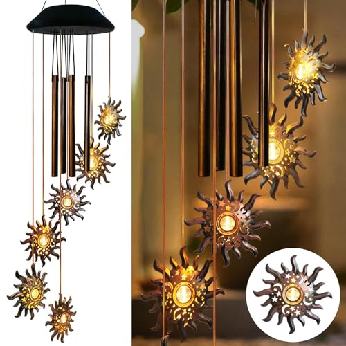 Solar Sun Wind Chimes for Outside Solar Sun Moon Star Wind Chimes Outdoor Hanging Lights Warm LED Outdoor Sun Decor Sun Gifts for Wife Mother Grandmom Christmas Bronze