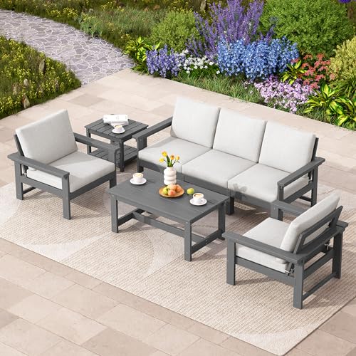 SERWALL HDPE Patio Coversation Set, 7-Piece Outdoor Sectional Sofa Set, All Weather Patio Couch Set Patio Furniture for Balcony, Deck, Grey Frame with Khaki Cushion