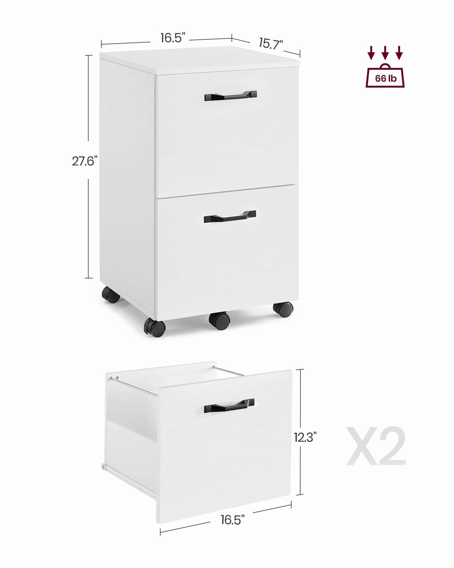 VASAGLE 2-Drawer File Cabinet, Filing Cabinet for Home Office, Small Rolling File Cabinet, Printer Stand, for A4, Letter-Size Files, Hanging File Folders, Modern Style, White UOFC040W46