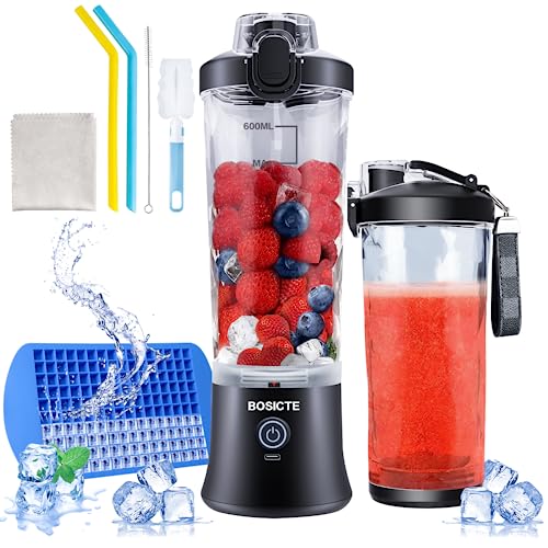 Portable Blender, BOSICTE Personal Size Blender for Shakes and Smoothies with 6 Blades, 20 Oz Mini Blender Cup with Travel Lid and USB Rechargeable for Office, Gym, Kitchen (Black)