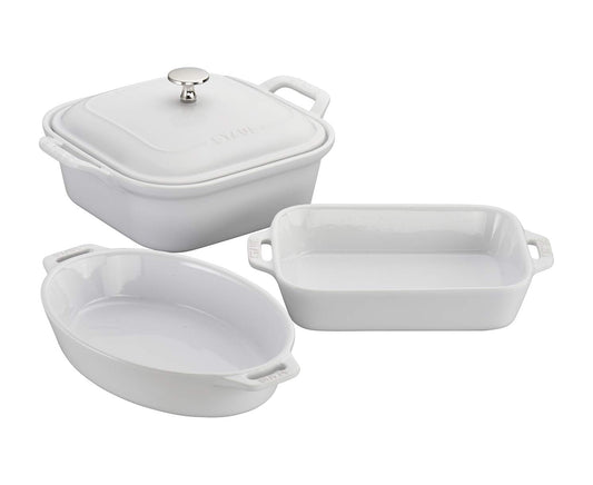Staub Ceramics 4-pc Baking Pans Set, Casserole Dish with Lid, Brownie Pan, White