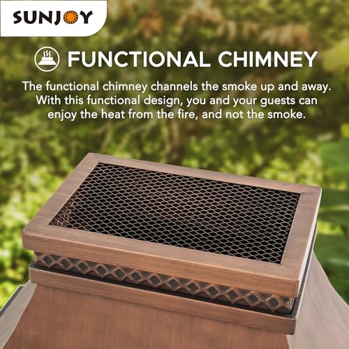 Sunjoy Outdoor Fireplace, Stone Look Tile Patio Wood Burning Steel Fireplace with Chimney, Spark Screen, Fire Poker, Rain Cover, and Removable Grate, Copper with Gray Tile