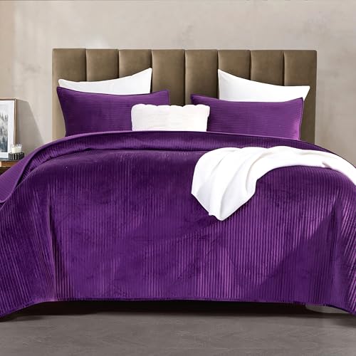 Elegant Comfort Luxury 3-Piece Velvet Corduroy Stripe Quilt Set, Ultra Soft Bedspread - Cozy Velvet Coverlet Set - 3PC Medium Weight Quilted Set with Matching Pillow Shams, Twin XL, Purple