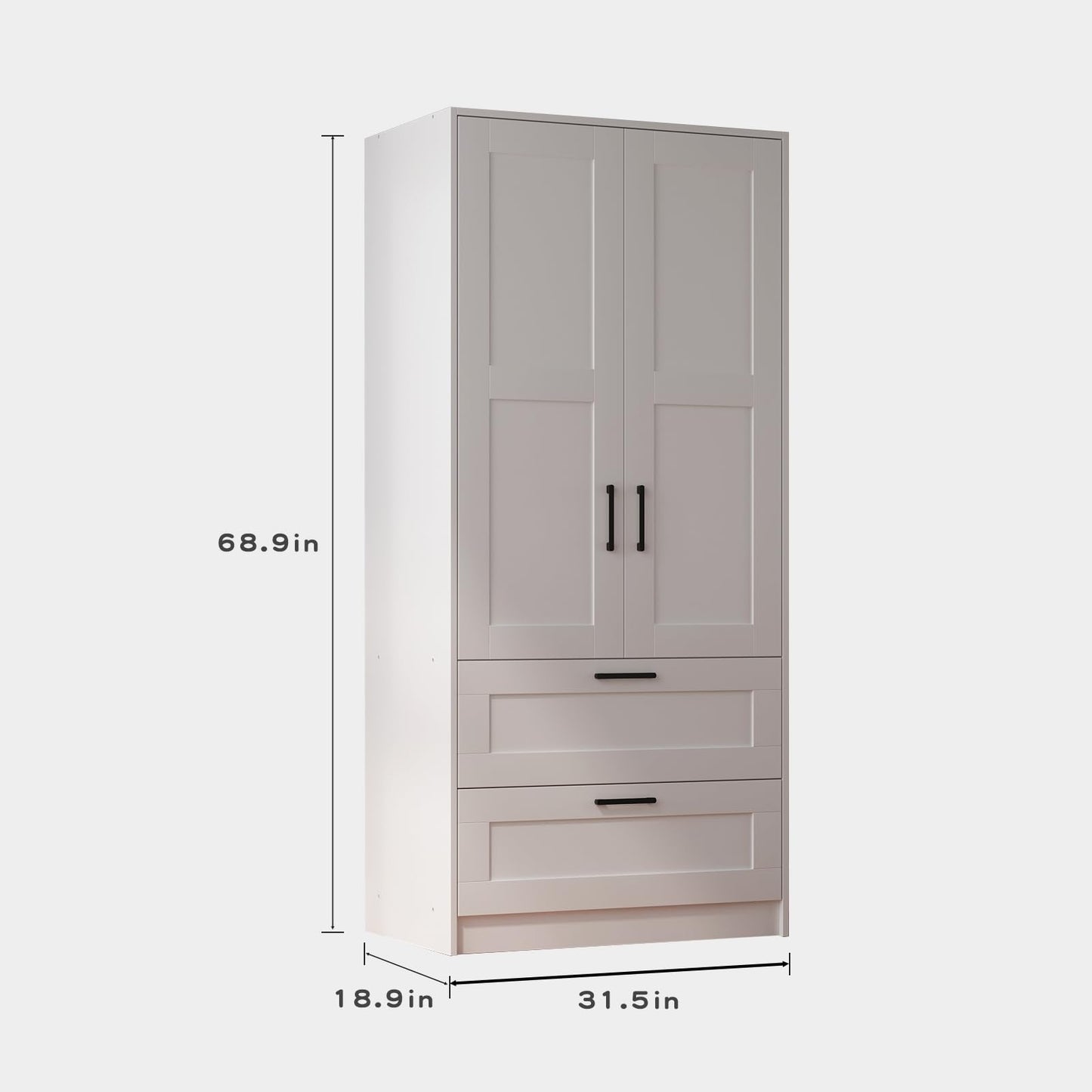 Fenghua Lizhi Wood White Wardrobe Closet with 2 Doors and Drawers，Bedroom Freestanding Armoire Storage Cabinet with Shelves，Wooden Wardrobe Combination for Hanging Clothes(31.5”W X 18.9”D X 68.9”H)