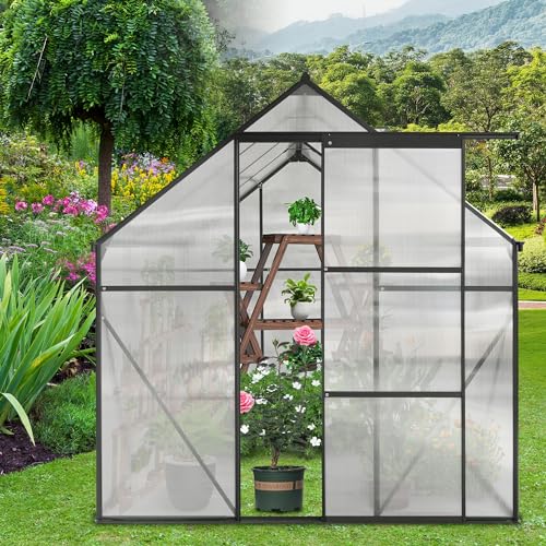 LUSPAZ 6x8 FT Outdoor Patio Greenhouse, Adjustable Roof Vent and Rain Gutter for Plants, Clear Polycarbonate Panels Greenhouse, Garden Greenhouse for Winter Garden Backyard