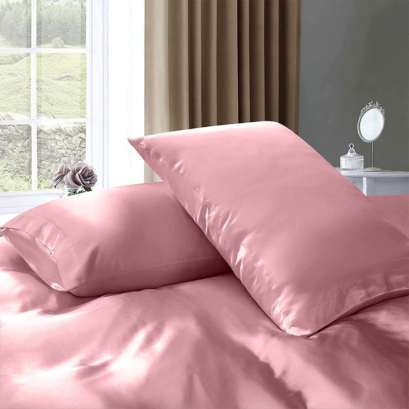 Hariom Decore 7pcs Silky Satin Comforter Set with Sheet Set (Comforter + Fitted Sheet 15"+ Flat Sheet + 4 Pillow Cases) Full XL Size,Dusty Rose