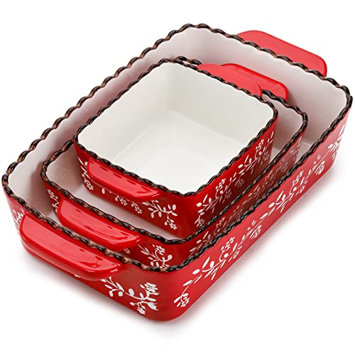 AVLA 3 Pack Ceramic Bakeware Set, Porcelain Rectangular Baking Dish Lasagna Pans for Cooking, Kitchen, Casserole Dishes, Cake Dinner, 12 x 8.5 x 6 Inches of Baking Pans, Banquet and Daily Use, Red