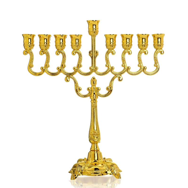 Hanukkah Menorah Ornament 9 Branch Gold Plated Jewish Candle Holder Candle Stand Candlestick