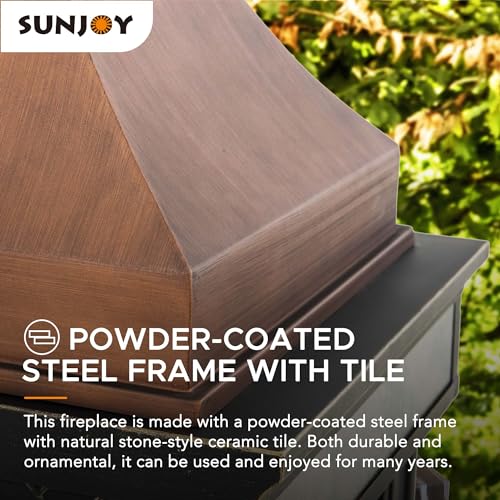 Sunjoy Outdoor Fireplace, Stone Look Tile Patio Wood Burning Steel Fireplace with Chimney, Spark Screen, Fire Poker, Rain Cover, and Removable Grate, Copper with Gray Tile