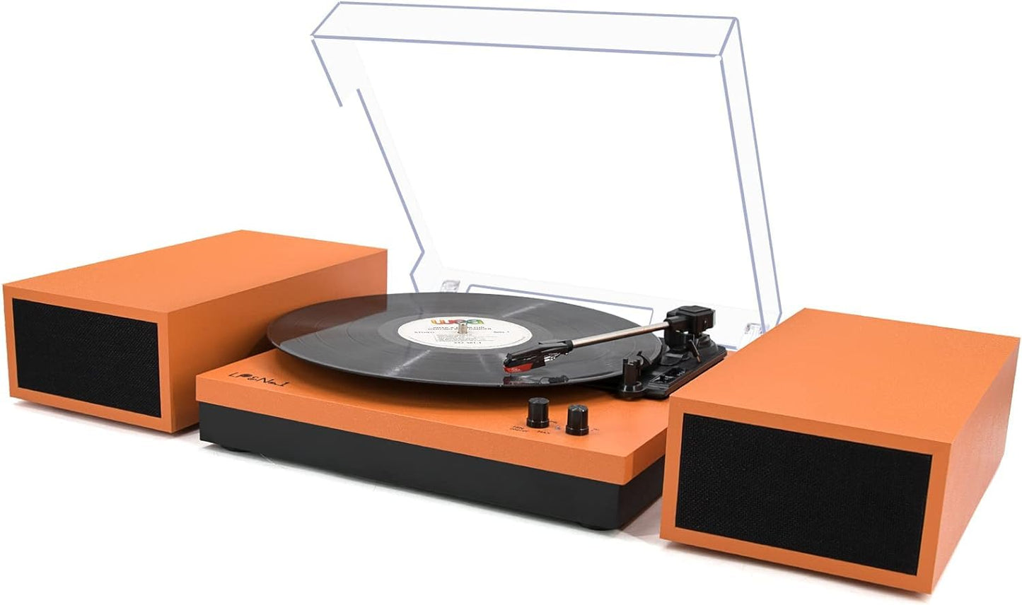 Vinyl Record Player, Vinyl Turntables with Dual Stereo Bookshelf External Speakers, Adjustable 3-Speed Belt-Drive Turntable, LP Player with RCA, Auto Stop,(Orange Leather Wrapped)