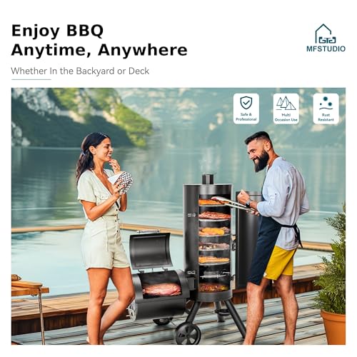 MFSTUDIO Extra Large Vertical Offset Smoker, Heavy-Duty Vertical Charcoal Smoker Grill BBQ Gill with Offset Smoker Box, 961 SQ.IN. Cooking Area with Push-out Ash Tray for Smoking, Black