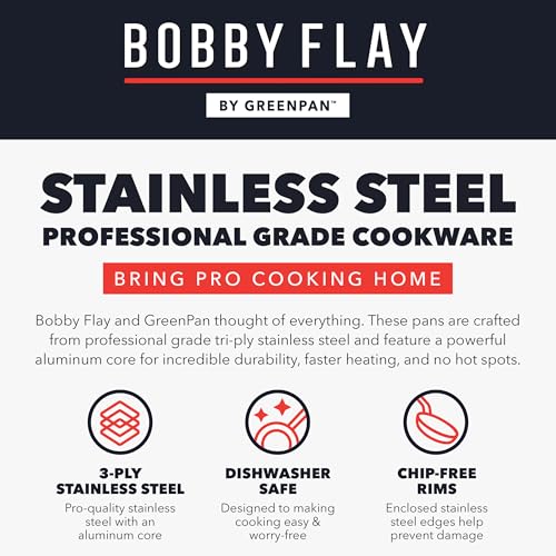 GreenPan x Bobby Flay Stainless Steel 3.75QT Saucepan with Glass Lid, Professional Grade Tri Ply Chefs Pan, Induction Suitable, Dishwasher & Oven Safe, Stay Cool Silicone Handle, Chip Free Rims