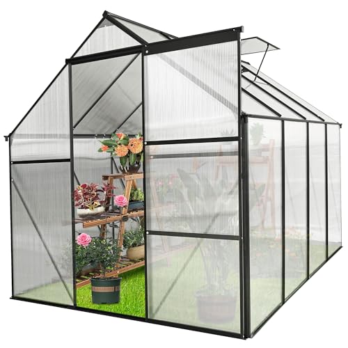 LUSPAZ 6x8 FT Outdoor Patio Greenhouse, Adjustable Roof Vent and Rain Gutter for Plants, Clear Polycarbonate Panels Greenhouse, Garden Greenhouse for Winter Garden Backyard