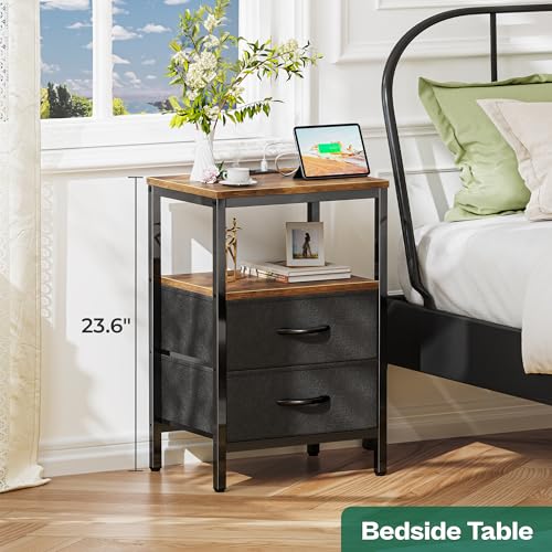 Huuger Nightstand with Charging Station, Side Table with Fabric Drawers, End Table with Open Shelf, Bedside Table with USB Ports and Outlets, Night Stand for Bedroom, Rustic Brown and Black