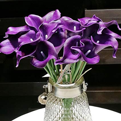 Meide Group USA 14" Real Touch Latex Calla Lily Bunch Artificial Spring Flowers for Home Decor, Wedding Bouquets, and centerpieces (18 PCS) (Purple)