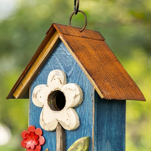 glitzhome GH90097 Distressed Decorative Solid Wood Birdhouse, 10.25 Inch Tall, Blue