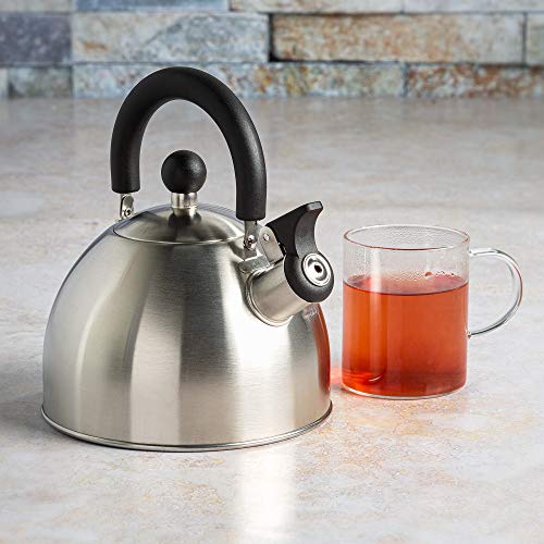 Primula Stewart Whistling Stovetop Tea Kettle Food Grade Stainless Steel, Hot Water Fast to Boil, Cool Touch Folding, 1.5-Quart, Brushed with Black Handle