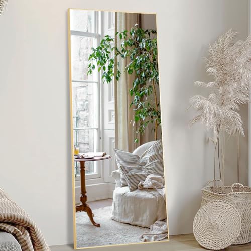 Sweetcrispy 64"x21" Full Length Mirror, Full Body Floor Mirror for Bedroom Large Wall Mirror with Stand Full Length Aluminum Alloy Frame Standing Hanging or Leaning Against Wall, Gold