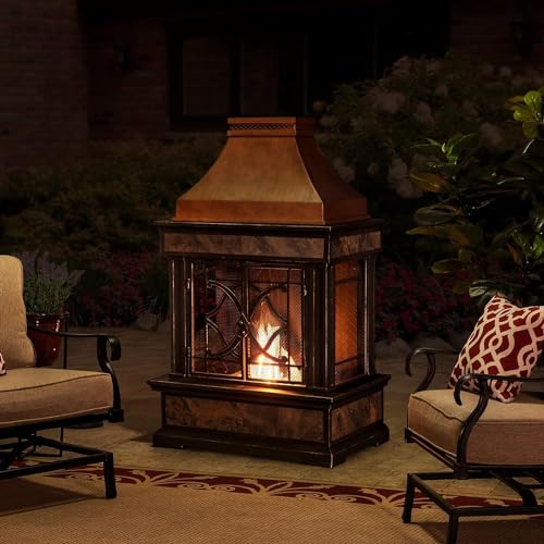 Sunjoy Outdoor Fireplace, Stone Look Tile Patio Wood Burning Steel Fireplace with Chimney, Spark Screen, Fire Poker, Rain Cover, and Removable Grate, Copper with Gray Tile