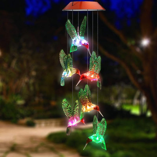 Topspeeder Solar Mobile Wind Chime with Color-Changing LED Lights - Waterproof Hummingbird Wind Chimes for Home, Party, Garden Decoration (Copper Board Hummingbird)