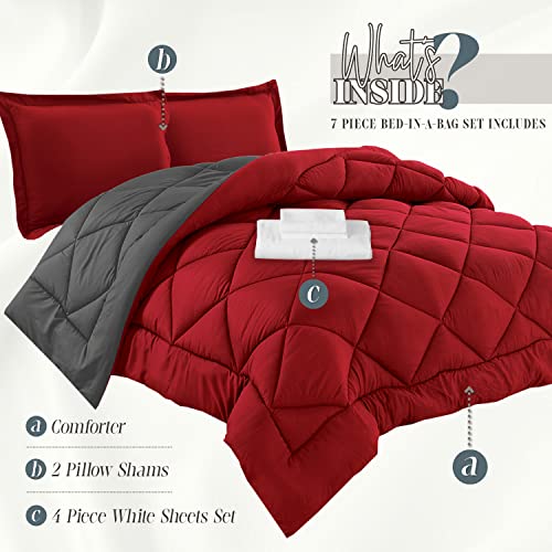 Elegant Comfort 7-Piece Bed-in-a-Bag Comforter & Sheet Set- Luxury 1500 Thread Count 7-Piece Split King Size Bed-in-a-Bag, Cozy Bed Sheets and Comforter Set, Wrinkle and Stain Resistant, Red/Gray