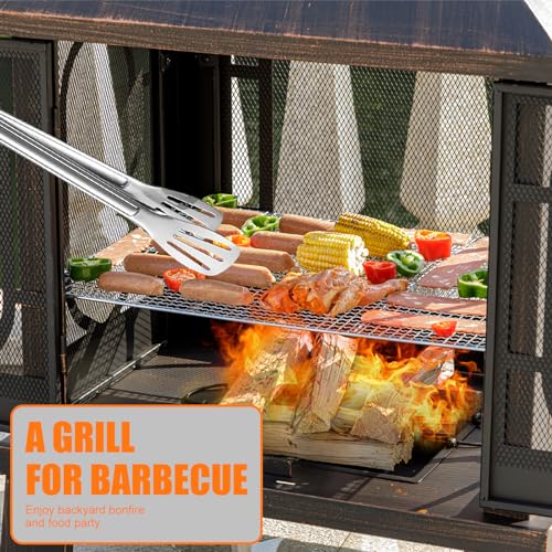 Panovue 45" H×31''W Metal Chiminea Fire Pit with Grill, Wood Burning Fire Pits for Outside,Square Chimineas Fireplace with Mesh Spark Screen Door& Fire Poker for Garden,Yard,BBQ,Bonfire