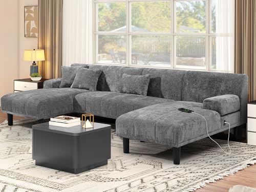 YITAHOME Sectional Couches for Living Room, U Shaped Sofa Chenille Modern Couch with USB & Type C Charging Ports Double Chaise and Comfy Upholstered, Grey