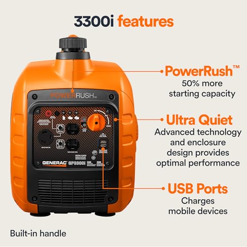 Generac 7153 GP3300i 3,300-Watt Gas-Powered Portable Inverter Generator - Lightweight Design - USB Ports for Mobile Device Charging - COsense Technology - CARB Compliant, Orange/Black