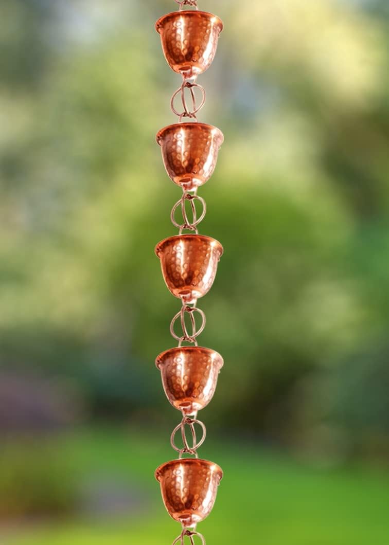 Monarch Rain Chains 26558 Pure Copper Hammered Cup Rain Chain Replacement Downspout for Gutters, 8-1/2 Feet Length