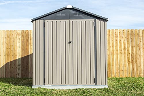 6x4 Metal Outdoor Galvanized Steel Storage Shed with Swinging Double Lockable Doors for Backyard or Patio Storage of Bikes, Grills, Supplies, Tools, Toys, for Lawn, Garden, and Camping, Tan