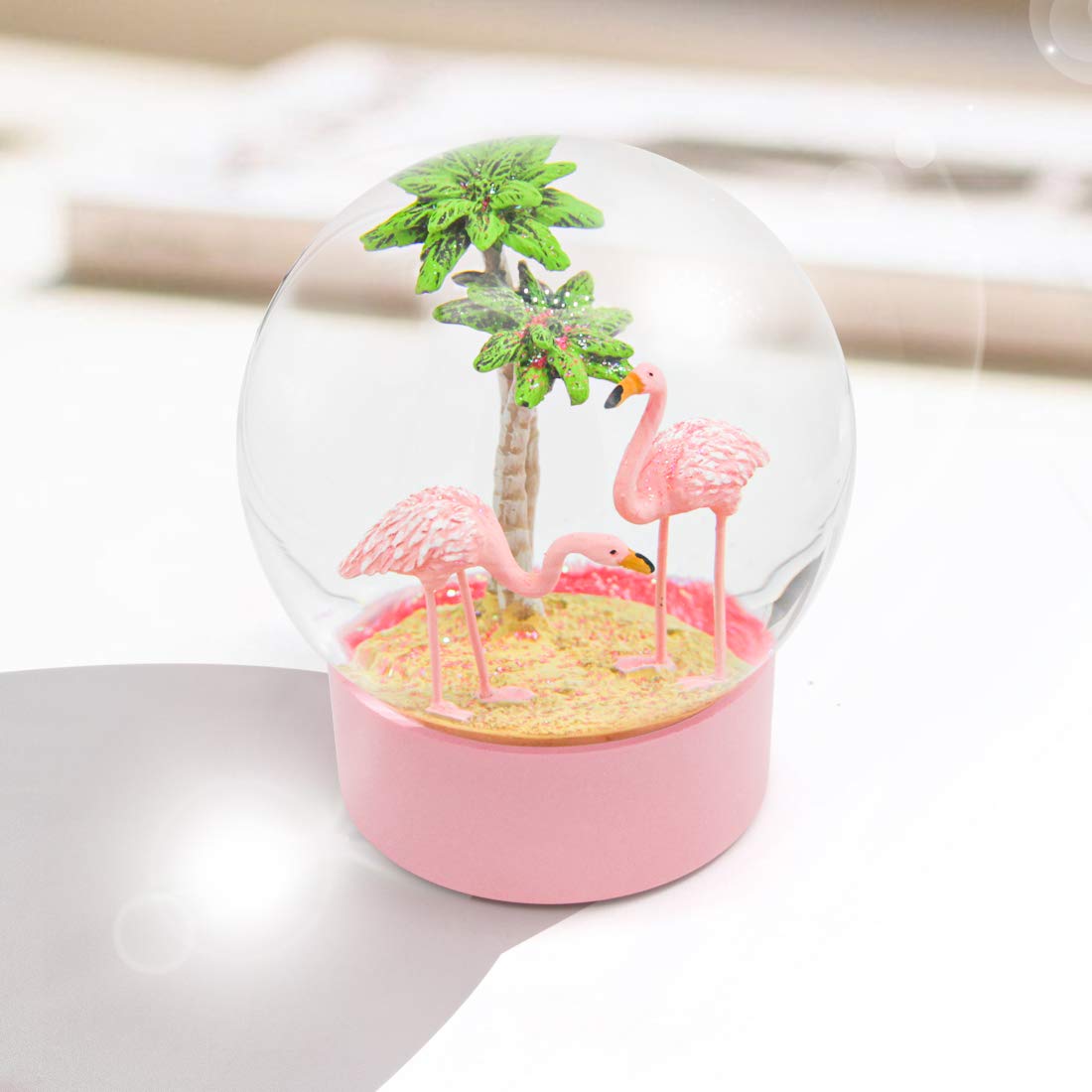 ANGELLOONG Pink Flamingo Snow Globe for Kids Girls, Originality 3D Flamingo Glitter Glass Snow Globes for Valentines Home Decor, 100MM